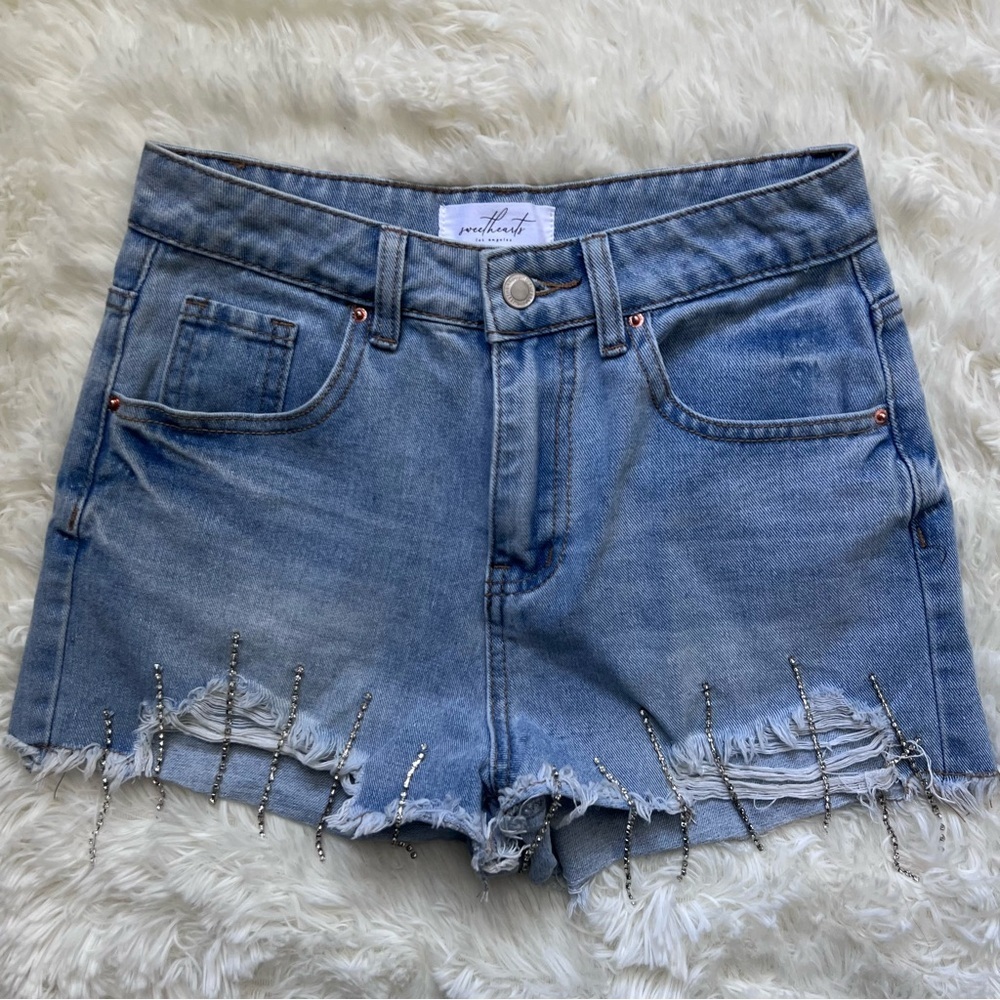 Sweethearts L.A. Light Wash Denim Shorts with Rhinestone Dangles